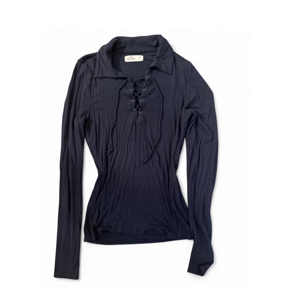 Hollister Black Ribbed Tie Front Polo Blouse